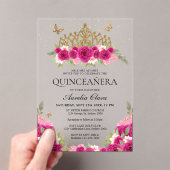 Invitations En Acrylique Élégant Glam rose Floral Or Tiara Quinceanera (In situ (ordinateur de poche))