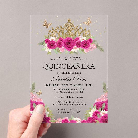 Invitations En Acrylique Élégant Glam rose Floral Or Tiara Quinceanera (In situ (ordinateur de poche))