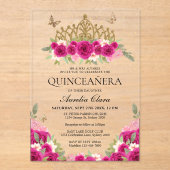 Invitations En Acrylique Élégant Glam rose Floral Or Tiara Quinceanera (Recto)