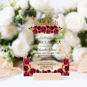 Invitations En Acrylique Élégant Glam Rouge Floral Couronne de Quinceañera