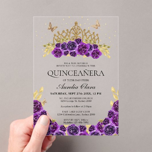 Invitations En Acrylique Élégant Glam violet Floral Or Tiara Quinceanera (In situ (ordinateur de poche))