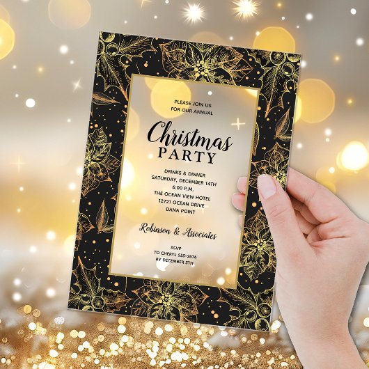 Invitations En Acrylique Elegant Gold and Black Floral Christmas Party