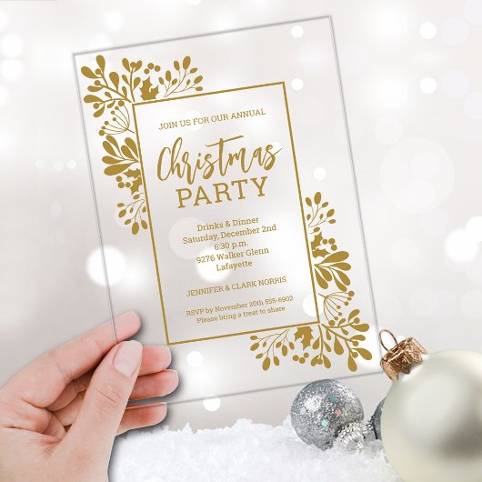 Invitations En Acrylique Elegant Gold Foliage Christmas Party