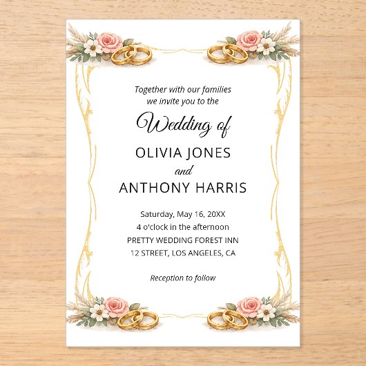 Invitations En Acrylique Elegant Gold Geometric Rustic Floral Wedding  (Recto)