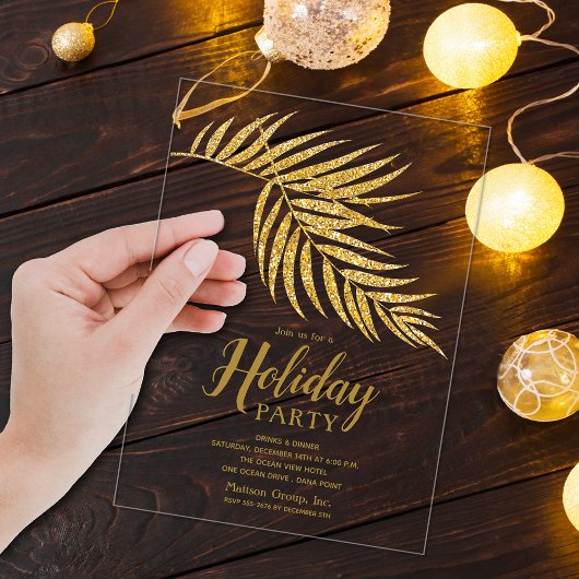 Invitations En Acrylique Elegant Gold Glitter Palm Holiday Christmas