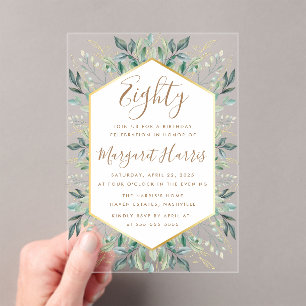 Invitations En Acrylique Elégant Gold Greenery Feuilles 80e Quatre-vingts A