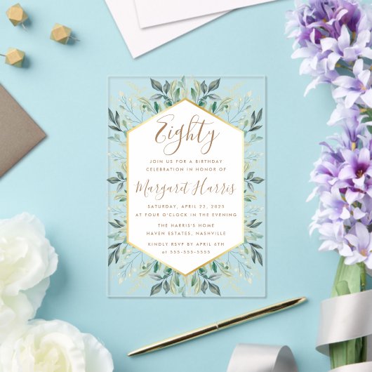 Invitations En Acrylique Elégant Gold Greenery Feuilles 80e Quatre-vingts A (Insitu (Mariage))