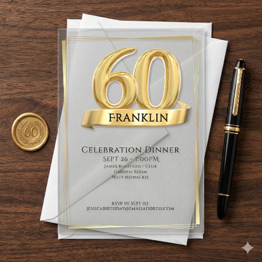 Invitations En Acrylique Elegant Gold Iconic Age Soft Grey 60th Birthday