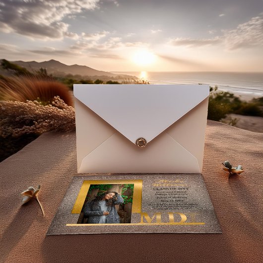 Invitations En Acrylique Elégant Gold MD Caduceus Photo Graduation