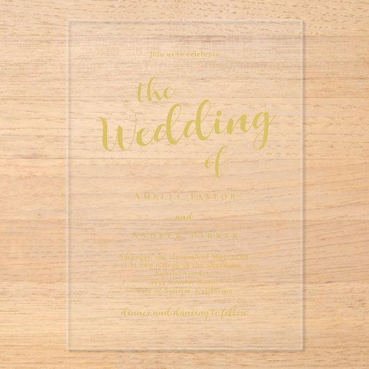Invitations En Acrylique Élégant Gold Script Calligraphie Mariage minimal (Recto)