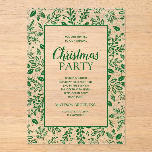 Invitations En Acrylique Elegant Green Botanicals Christmas Party (Recto)