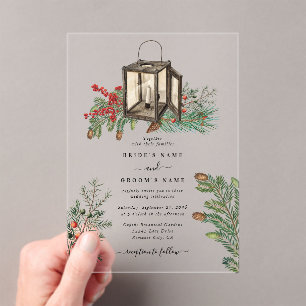 Invitations En Acrylique Élégant hiver Pins rustique Mariage de lanterne