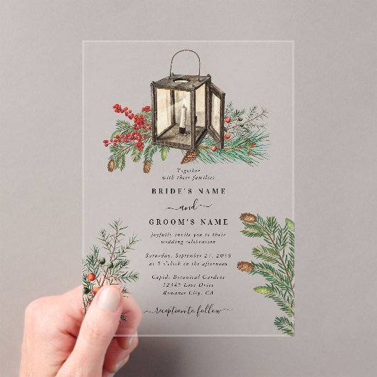 Invitations En Acrylique Élégant hiver Pins rustique Mariage de lanterne (In situ (ordinateur de poche))