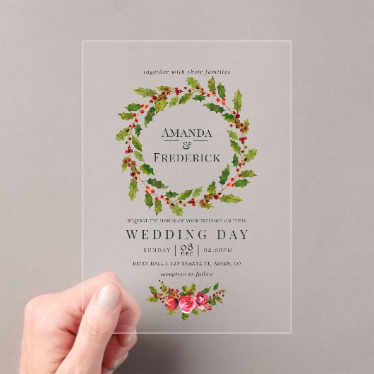 Invitations En Acrylique Élégant Holly Wreath Mariage de Noël (In situ (ordinateur de poche))