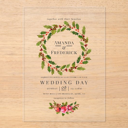Invitations En Acrylique Élégant Holly Wreath Mariage de Noël (Recto)