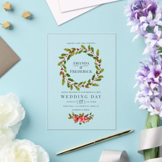 Invitations En Acrylique Élégant Holly Wreath Mariage de Noël (Insitu (Mariage))