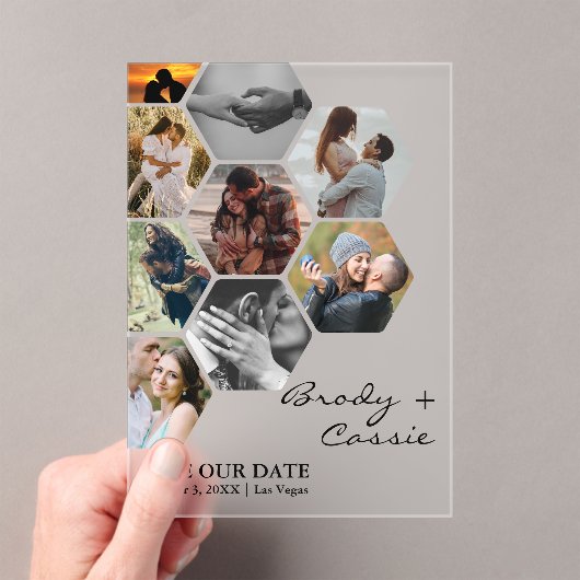 Invitations En Acrylique Elégant Honeypeb Photo Wedding Enregistrer la date (In situ (ordinateur de poche))