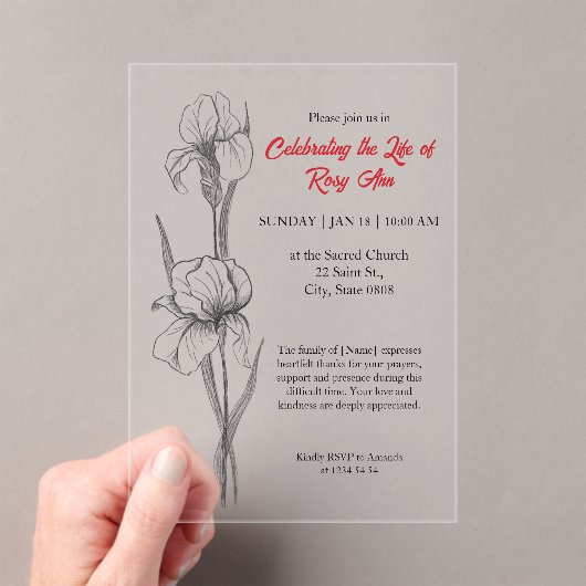 Invitations En Acrylique Elegant Iris "Celebrating the Life" Funeral (In situ (ordinateur de poche))