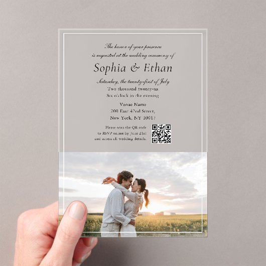 Invitations En Acrylique Elegant Italic Script Photo QR Code (In situ (ordinateur de poche))