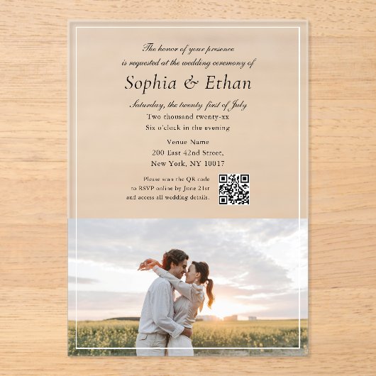 Invitations En Acrylique Elegant Italic Script Photo QR Code (Recto)