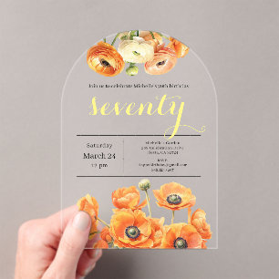 Invitations En Acrylique Elégant Jardin Orange Fleurs 70e anniversaire