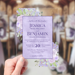 Invitations En Acrylique Élégant Lavande Bohème Floral Élégant Texte Mariag