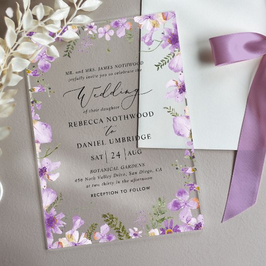 Invitations En Acrylique Élégant Lavender Floral Mariage
