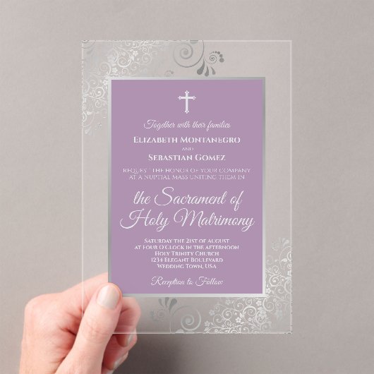 Invitations En Acrylique Elegant Lavender Purple & Silver Catholic Wedding (In situ (ordinateur de poche))