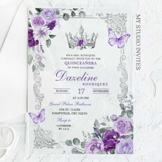 Invitations En Acrylique Elegant Lilac Purple Crown Quinceanera