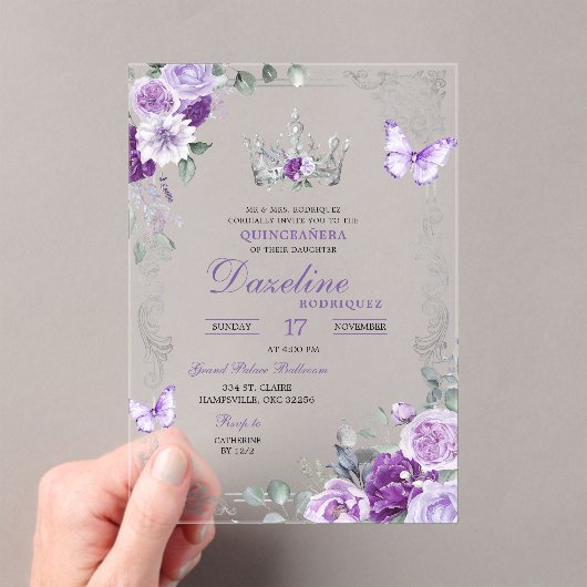 Invitations En Acrylique Elegant Lilac Purple Crown Quinceanera (In situ (ordinateur de poche))