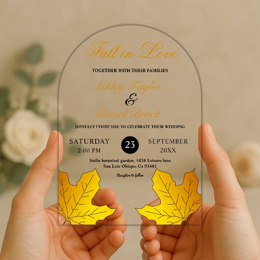 Invitations En Acrylique Elégant Luxe Feuille Noir Et Or Mariage de automne
