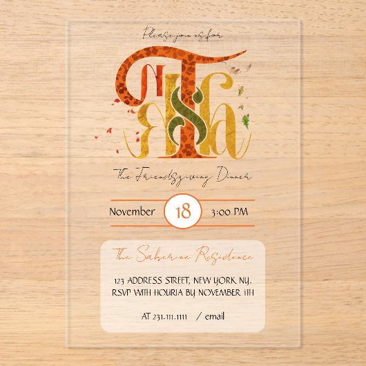 Invitations En Acrylique Elegant Manuscript Thanks Autumn Foliage (Recto)