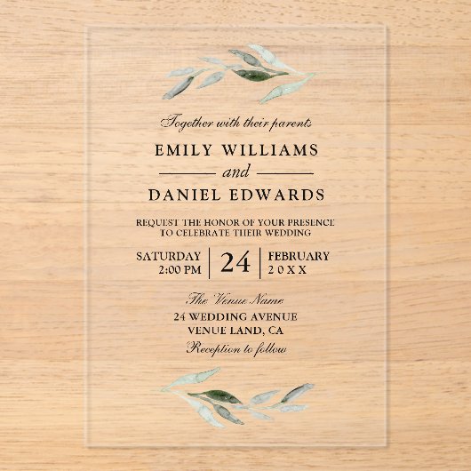 Invitations En Acrylique Élégant Mariage à feuilles vertes (Recto)