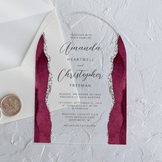 Invitations En Acrylique Élégant Mariage Arche Arche Arche Agate Burgundy A