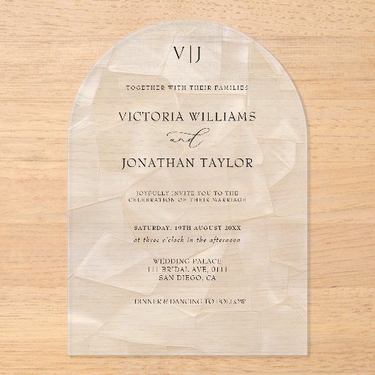 Invitations En Acrylique Élégant Mariage blanc Monogramme (Recto)