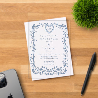 Invitations En Acrylique Élégant mariage bleu sombre cadre français cœur