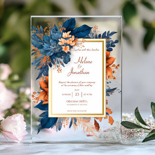 Invitations En Acrylique Élégant Mariage Bohème Aquarelle Bleu Nuit Rouille
