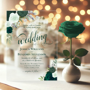 Invitations En Acrylique Élégant Mariage Bohème Roses Vert Émeraude