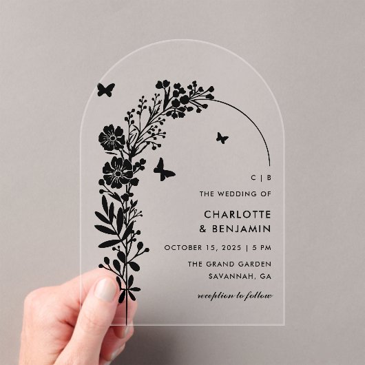 Invitations En Acrylique Élégant Mariage botanique de papillon noir (In situ (ordinateur de poche))