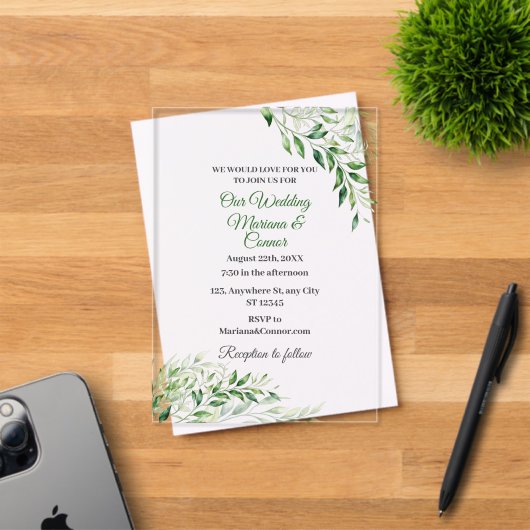 Invitations En Acrylique Élégant mariage botanique vert (Insitu (Carte d'invitation))