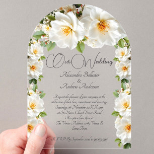 Invitations En Acrylique Elégant Mariage Camelias Fleurs Jaunes Blancs