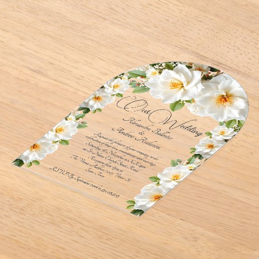 Invitations En Acrylique Elégant Mariage Camelias Fleurs Jaunes Blancs (Poser)