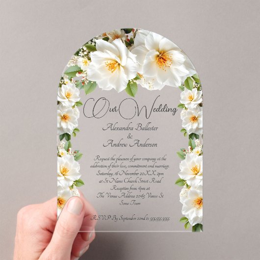 Invitations En Acrylique Elégant Mariage Camelias Fleurs Jaunes Blancs (In situ (ordinateur de poche))