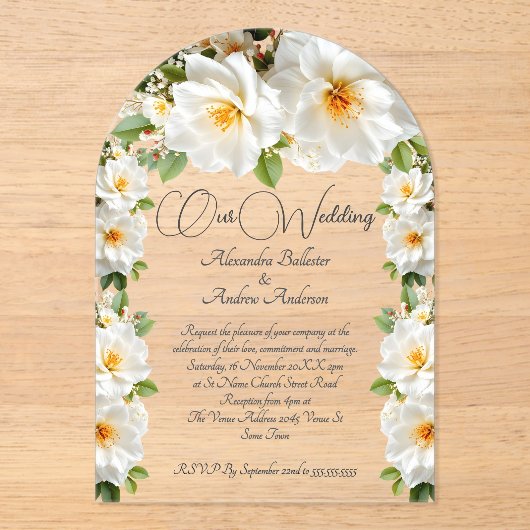 Invitations En Acrylique Elégant Mariage Camelias Fleurs Jaunes Blancs (Recto)