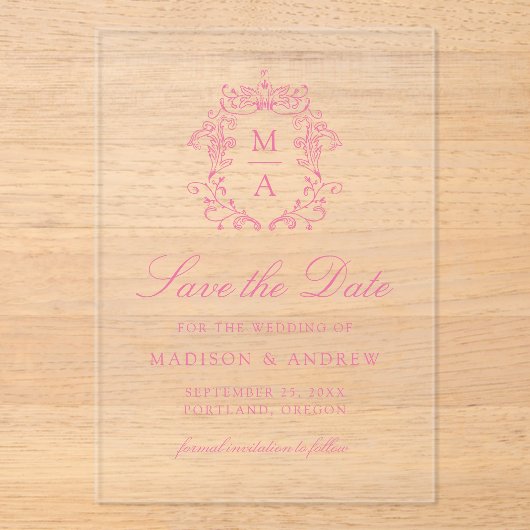 Invitations En Acrylique Elégant mariage chinois rose Enregistrer la date (Recto)