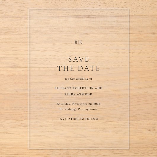 Invitations En Acrylique Élégant mariage classique Enregistrer la date (Recto)