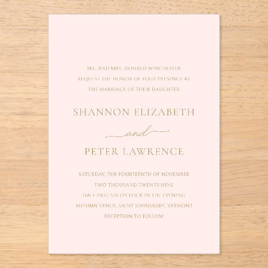 Invitations En Acrylique Élégant Mariage classique rose et or (Recto)