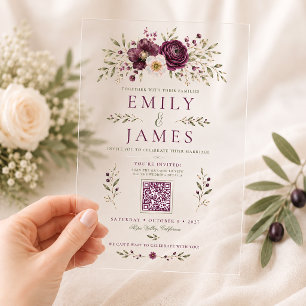 Invitations En Acrylique Élégant Mariage Code QR Botanique Olive Plum