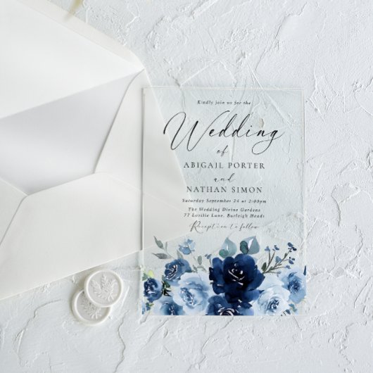 Invitations En Acrylique Elégant Mariage couleur bleu marine et dusty
