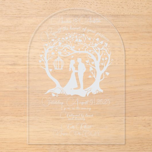 Invitations En Acrylique Elégant Mariage Couple Tree encadré blanc (Recto)